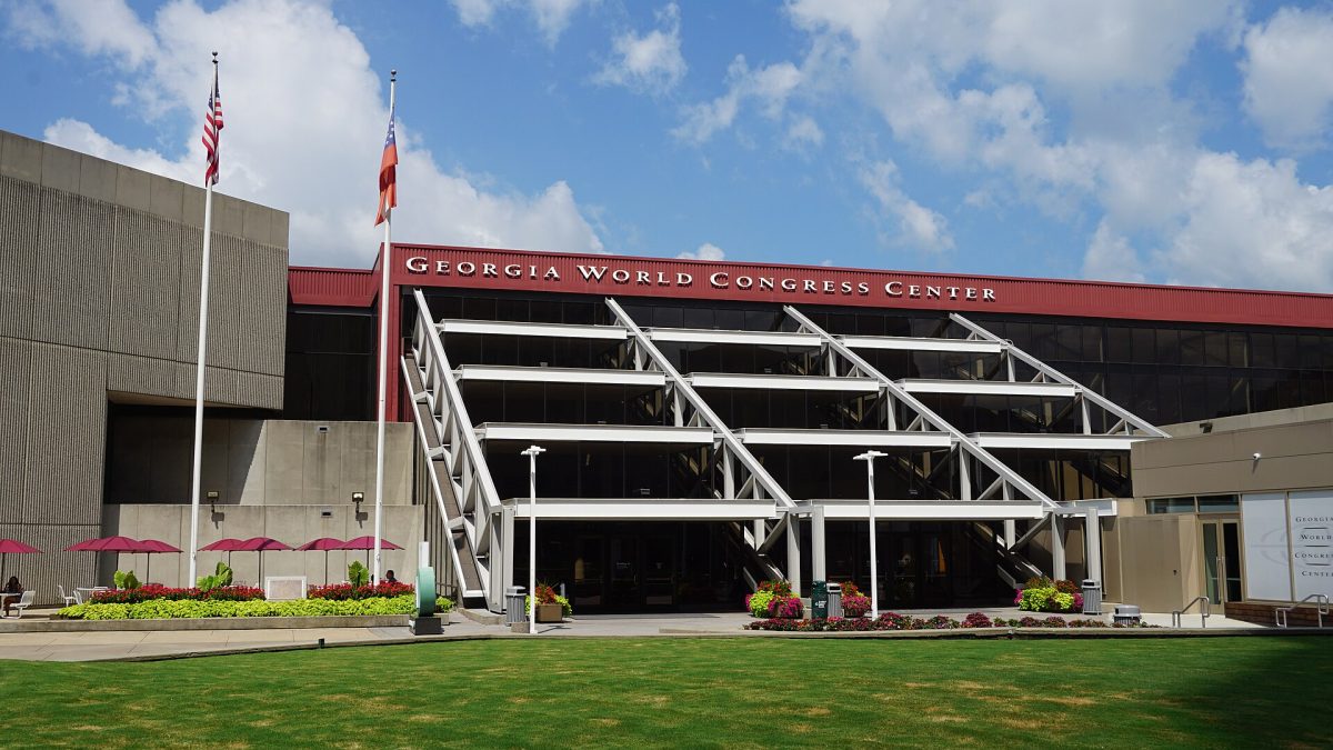 The Georgia World Congress Center in Atlanta, its name along the red entrance canopy